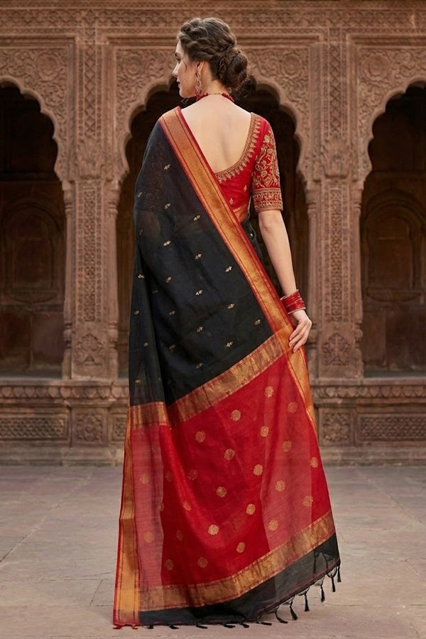 elegant black and red cotton silk maheshwari saree light weight breathable traditional draped on model back view by swmaini sarees