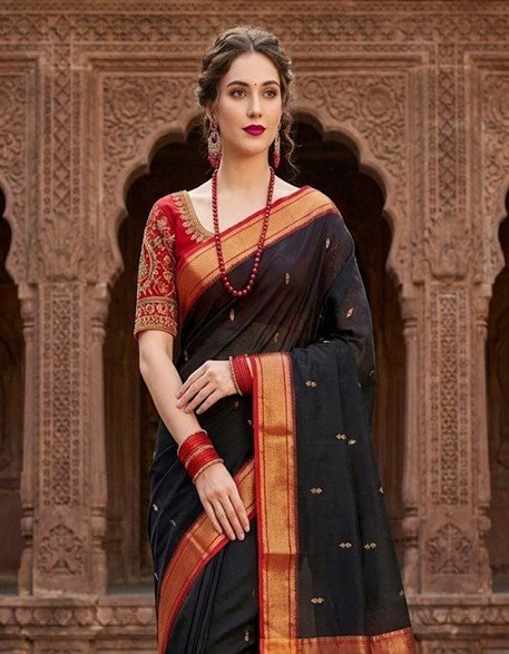 elegant black and red cotton silk maheshwari saree light weight breathable traditional draped on model back view by swmaini sarees