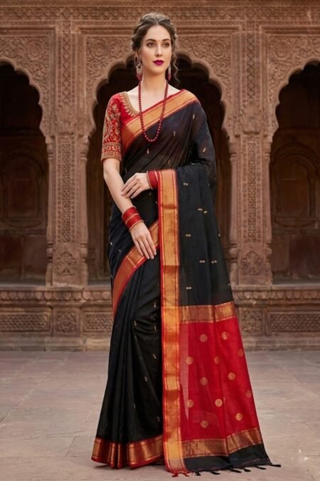 elegant black and red cotton silk maheshwari saree light weight breathable traditional draped on model front view by swmaini sarees