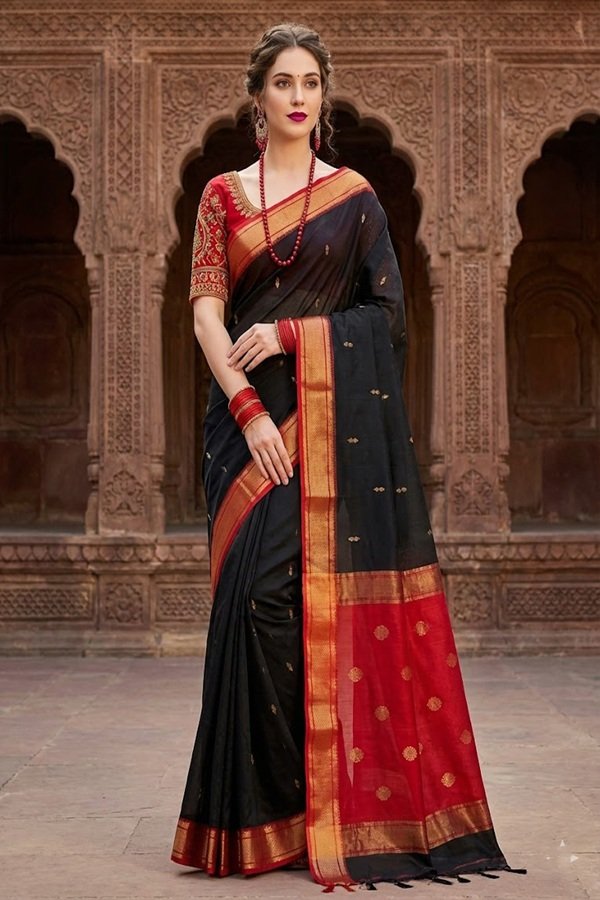 elegant black and red cotton silk maheshwari saree light weight breathable traditional draped on model front view by swmaini sarees