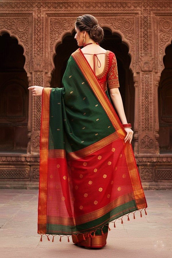 elegant green and red cotton silk maheshwari saree light weight breathable traditional draped on model back view by swmaini sarees