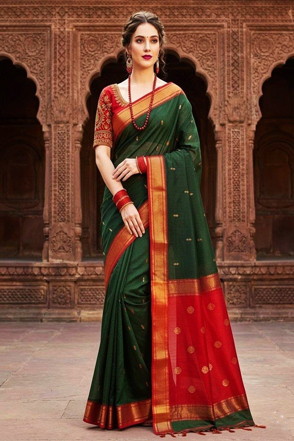 elegant green and red handloom maheshwari saree light weight breathable traditional draped on model front view by swmaini sarees