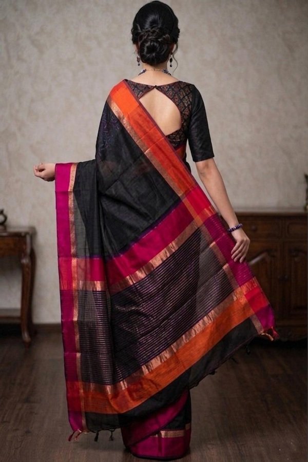 black maheshwari cotton silk ganga jamuna border back view by swamini sarees