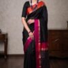 black maheshwari cotton silk ganga jamuna border saree front view draped on a model by swamini sarees