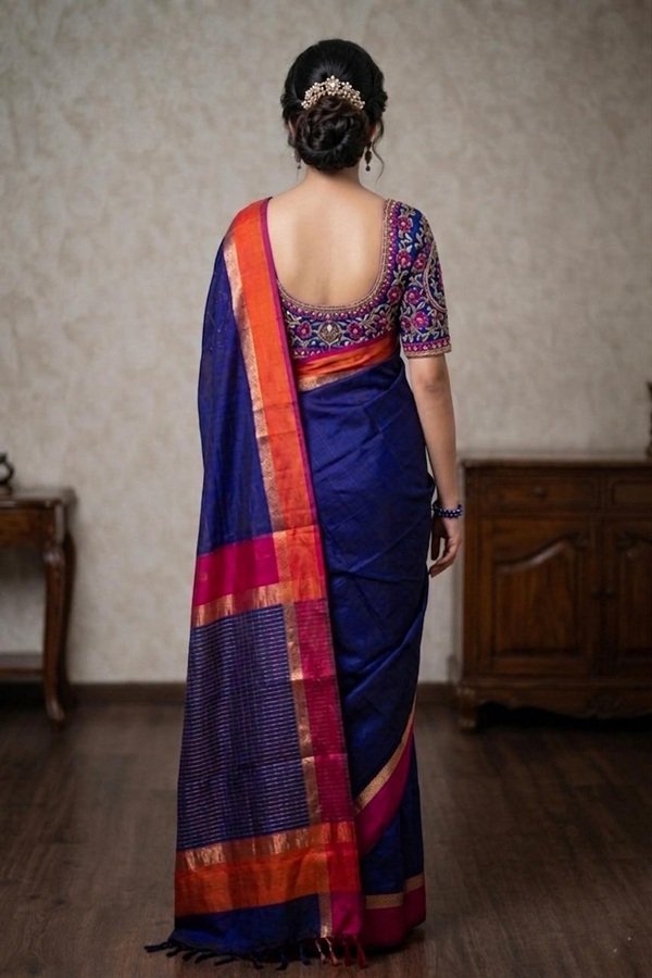 blue maheshwari cotton silk ganga jamuna border back view by swamini sarees