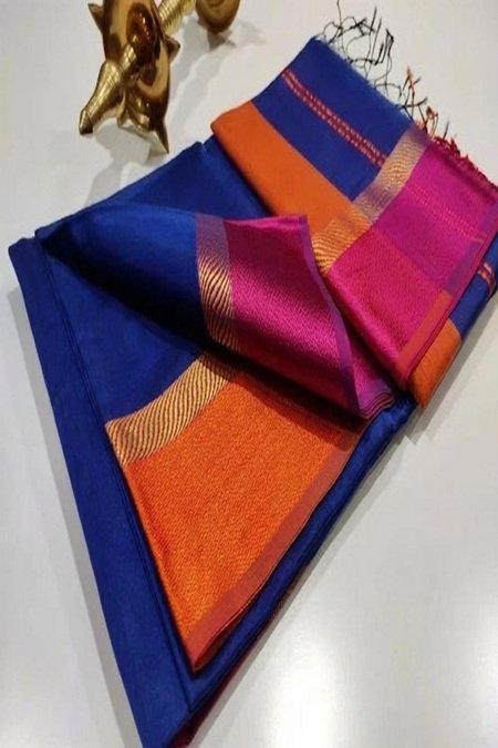 blue maheshwari cotton silk ganga jamuna border saree by swamini sarees