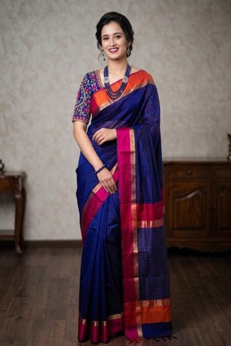 blue maheshwari cotton silk ganga jamuna border front view draped on model by swamini sarees
