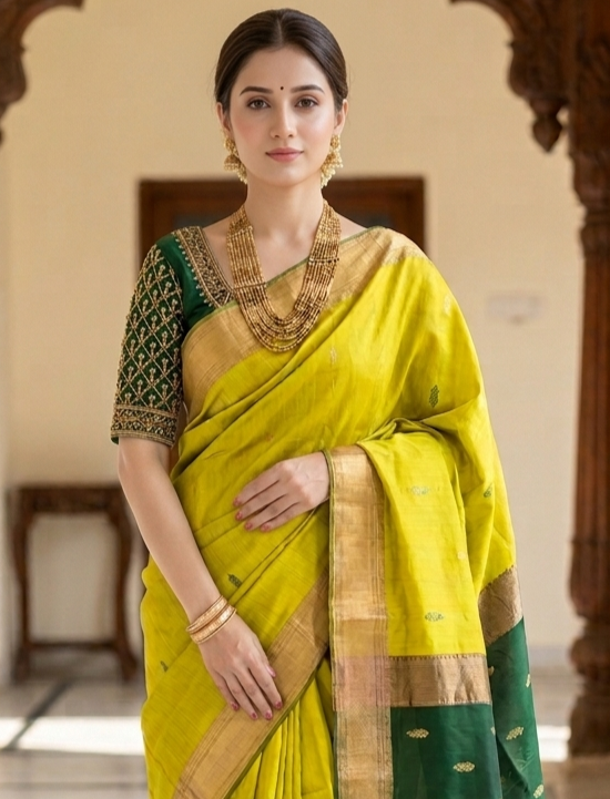 golden yellow with green pallu handloom maheshwari saree front view by swamini sarees