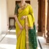 golden yellow with green pallu handloom maheshwari saree front view by swamini sarees