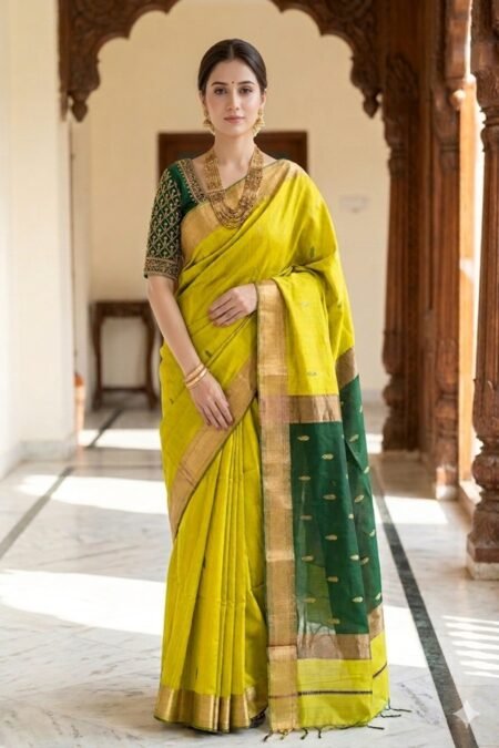 golden yellow with green pallu handloom maheshwari saree front view by swamini sarees