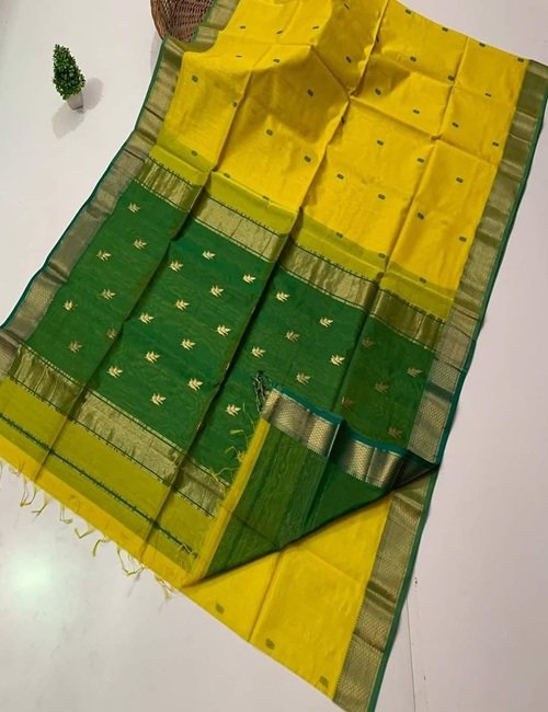 golden yellow with green handloom maheshwari saree front view by swamini sarees lightweight breathable traditional