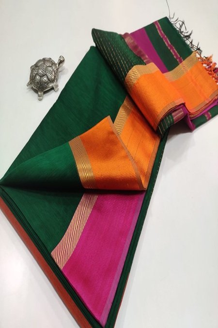 green maheshwari cotton silk ganga jamuna border by swamini sarees