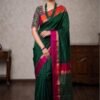 green maheshwari cotton silk ganga jamuna border front view draped on model by swamini sarees