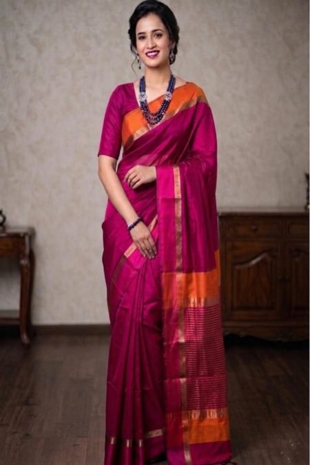 magenta maheshwari cotton silk ganga jamuna border front view draped on model by swamini sarees
