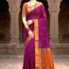 magenta-orange-pallu-handloom-maheshwari-saree-front-view-draped-on-model-by-swamini-sarees