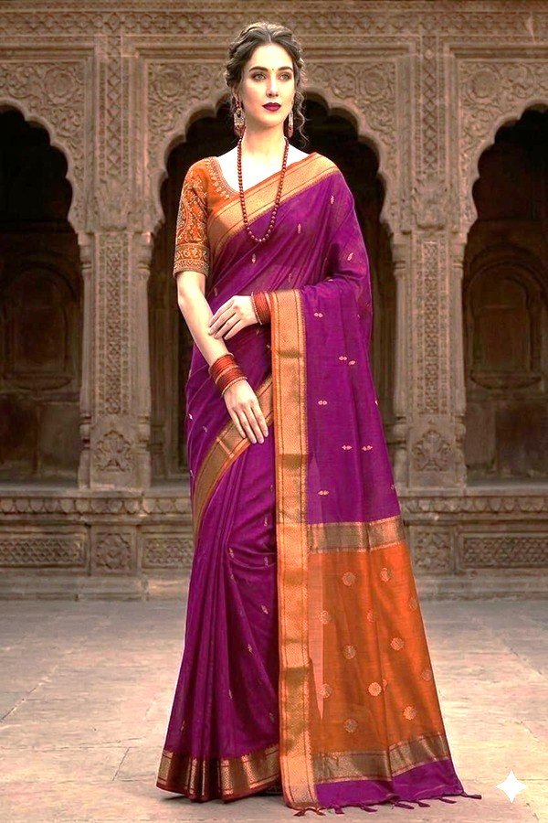 magenta-orange-pallu-handloom-maheshwari-saree-front-view-draped-on-model-by-swamini-sarees