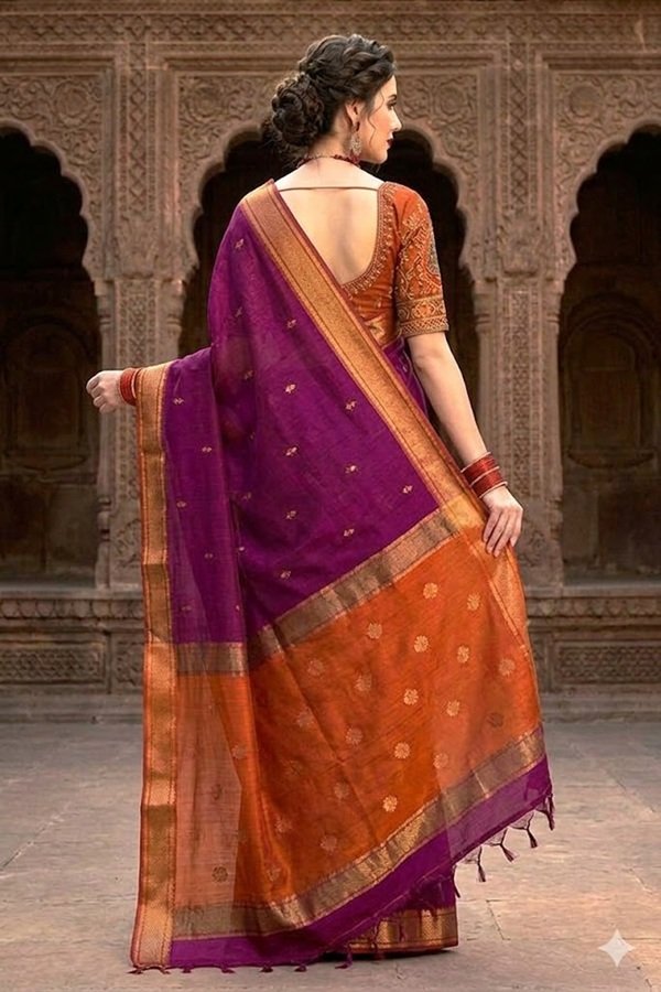 magenta orange pallu maheshwari saree back view by swamini sarees