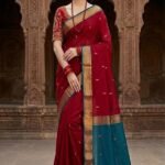 Red with Teal Blue Maheshwari Saree