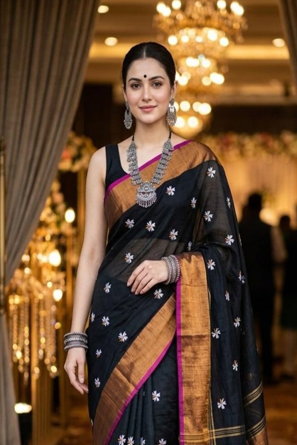 black parijat prajakta flower embroidery bronze golden border saree close view by swamini sarees