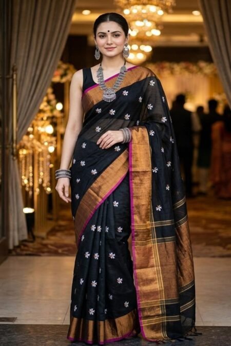black parijat prajakta flower embroidery bronze golden magenta border saree from swamini sarees
