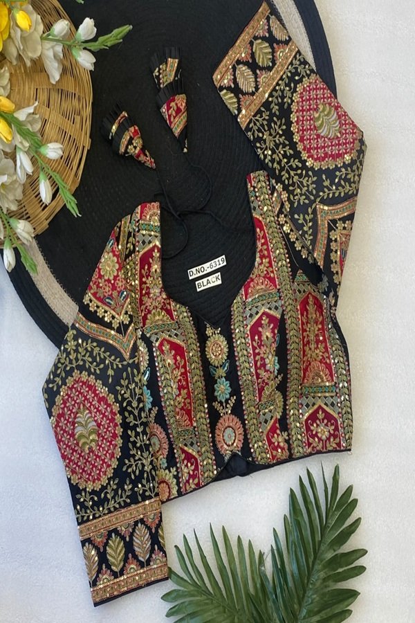 black red designer embroidery readymade blouse front view by swamini sarees