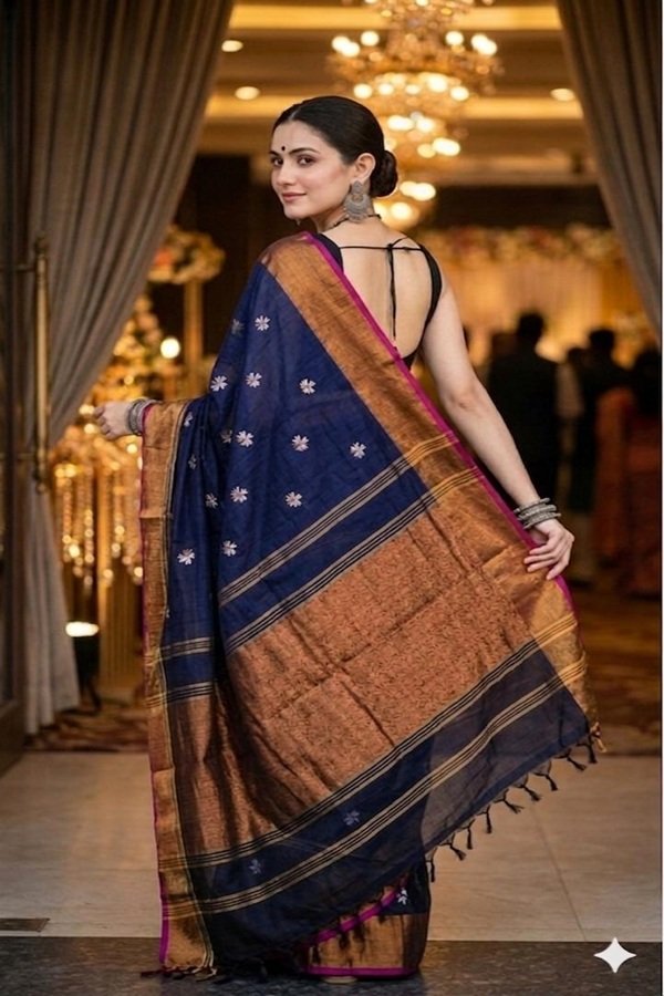 blue parijat prajakta flower embroidery bronze golden border saree back view by swamini sarees
