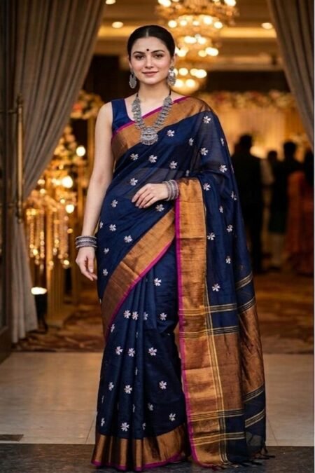 blue parijat prajakta flower embroidery bronze golden border saree draped on model front view by swamini sarees