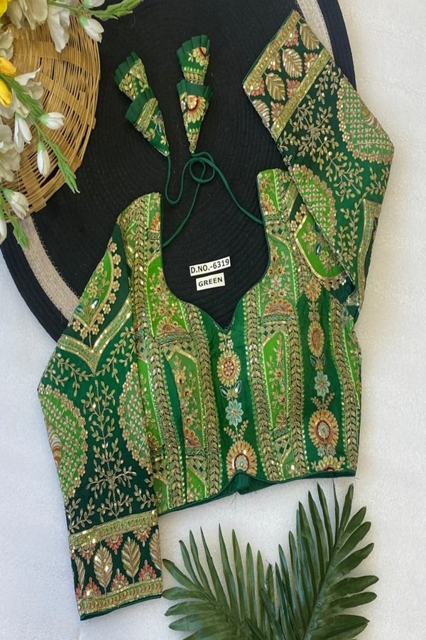 green designer emboridery readymade blouse front view by swamini sarees