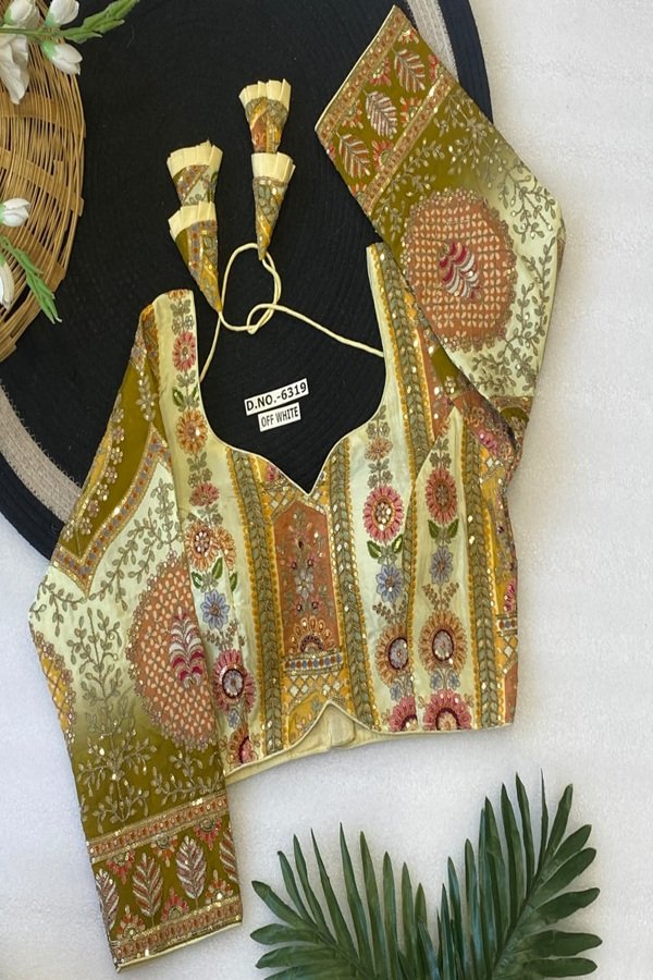 ivory white designer embroidery readymade blouse front view by swamini sarees