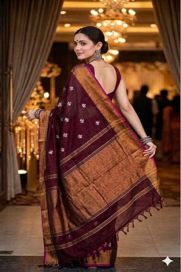 maroon parijat prajakta flower embroidery bronze golden border saree back view by swamini sarees