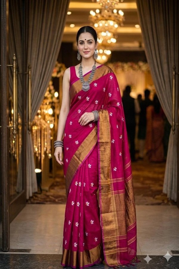 pink parijat prajakta flower embroidery bronze golden border saree draped on model front view by swamini sarees