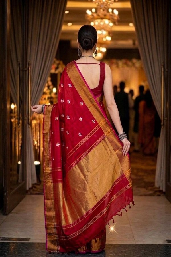 red parijat prajakt flower embroidery bronze golden border saree back view by swamini sarees