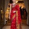 red parijat prajakta flower embroidery bronze golden border saree draped on model front view by swamini sarees
