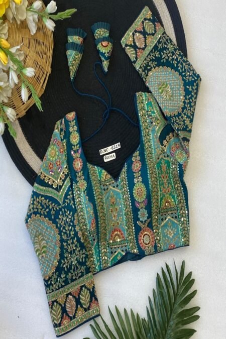 teal blue designer emboridery readymade blouse front view by swamini saree