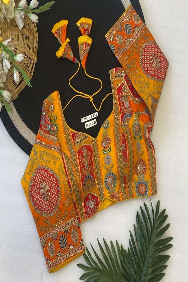 yellow designer embroidery readymade blouse front view by swamini sarees